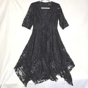 Just ... Taylor Black Lace Whimsigoth Witchy Midi Dress, Handkerchief Hem, 2
